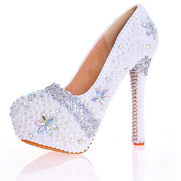 women wedding pearl shoes crystal bridal party white pumps 14cm super high heel round toe platform lady big size dress, Black