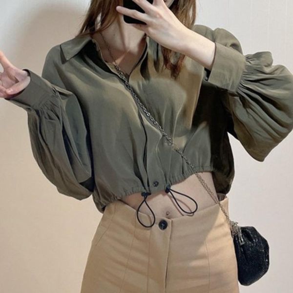 women's blouses & shirts solid hem drawstring cropped women long sleeve turn-down neck single-breasted vintage blouse spring button cas, White
women's blouses & shirts solid hem drawstring cropped women long sleeve turn-down neck single-breasted vintage blouse spring button cas, White