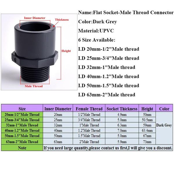 1/2"~2" male thread upvc pipe straight connector aquarium water tank quick equal joint garden irrigation fittings watering equipme
1/2"~2" male thread upvc pipe straight connector aquarium water tank quick equal joint garden irrigation fittings watering equipme
