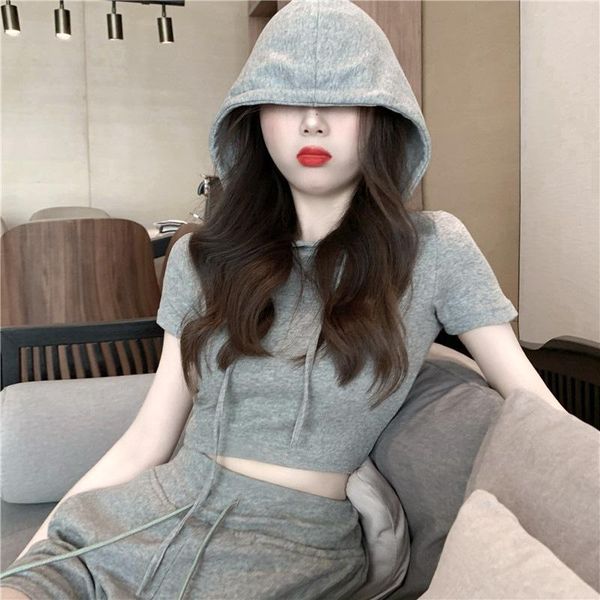women's t-shirt xiaowang net red elegant short grey open navel sports sleeve wear with high waist shorts, White
women's t-shirt xiaowang net red elegant short grey open navel sports sleeve wear with high waist shorts, White