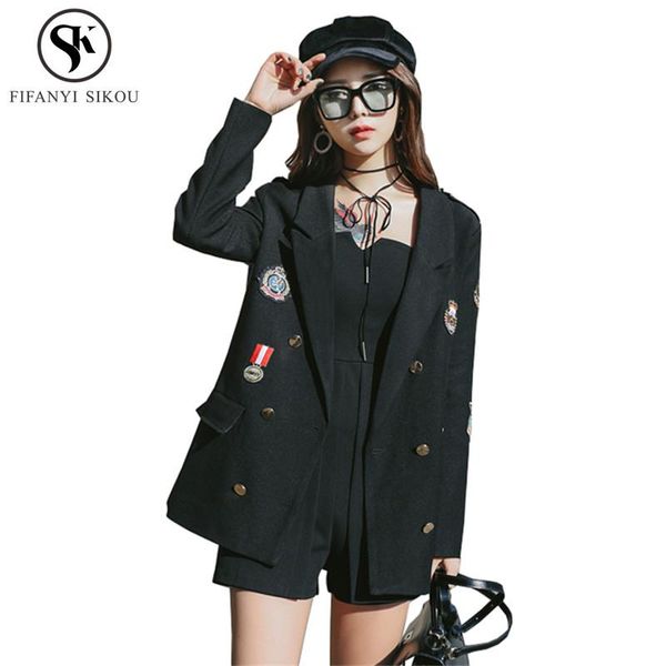 women's suits & blazers spring autumn slim black blazer women fashion badge embroidery and jacket double breasted plus size feminino, White;black
women's suits & blazers spring autumn slim black blazer women fashion badge embroidery and jacket double breasted plus size feminino, White;black