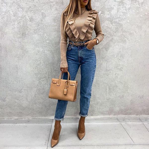 mock neck ruffles womens knitted sweater long sleeve solid coffee slim elegant office lady pullover 2021 spring fashion new, White;black
mock neck ruffles womens knitted sweater long sleeve solid coffee slim elegant office lady pullover 2021 spring fashion new, White;black