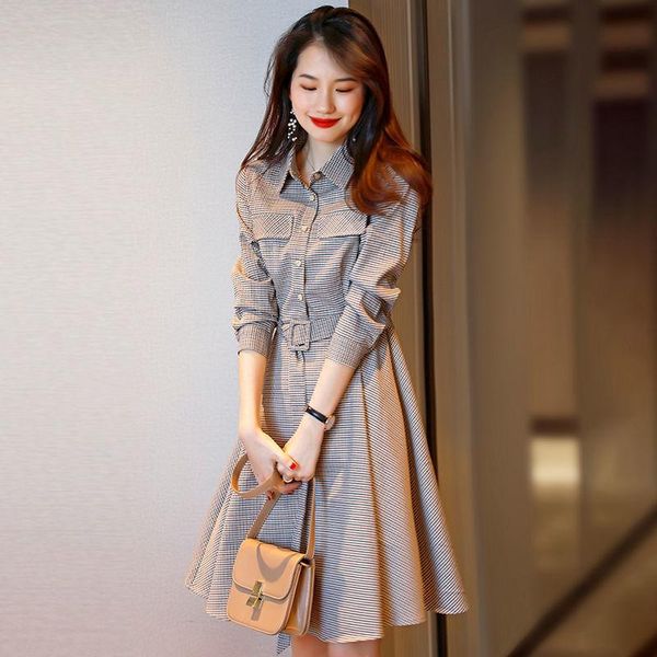 casual dresses turndown collar spring midi long sleeve female high waist slim women dress plaid vestidos femme with belt y416, Black;gray
casual dresses turndown collar spring midi long sleeve female high waist slim women dress plaid vestidos femme with belt y416, Black;gray