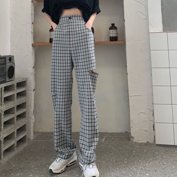 casual pant hole plaid chic long trouser streetwear vintage preppy korean ins slender straight bottom 210510, Black;white
casual pant hole plaid chic long trouser streetwear vintage preppy korean ins slender straight bottom 210510, Black;white