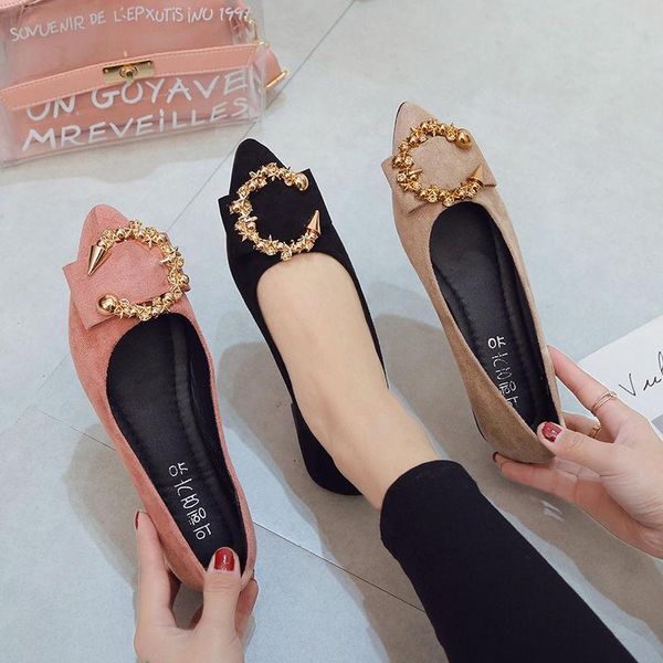 women's shoes sandals shallow mouth single wild metal square buckle pointed suede flat, Black
women's shoes sandals shallow mouth single wild metal square buckle pointed suede flat, Black