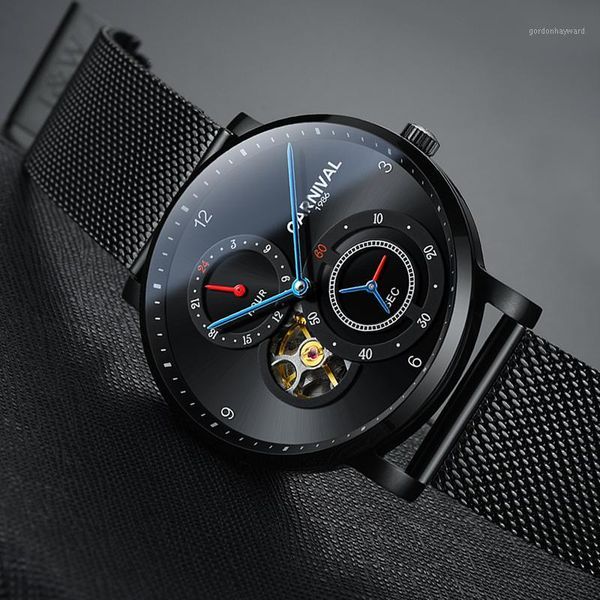 switzerland carnival men's watches automatic mechanical watch male waterproof hollow out clock sapphire c8026g-1 wristwatches, Slivery;brown