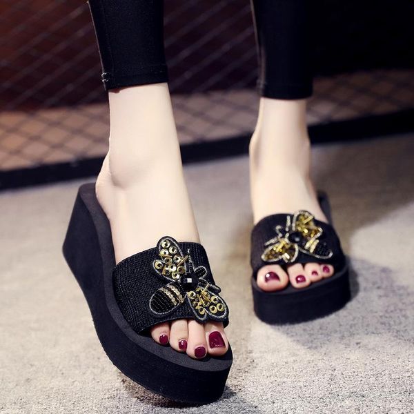 slippers 2021 summer european bee sequined wedges non-slip thick-soled sandals high heel women's women shoes flip flops, Black
slippers 2021 summer european bee sequined wedges non-slip thick-soled sandals high heel women's women shoes flip flops, Black