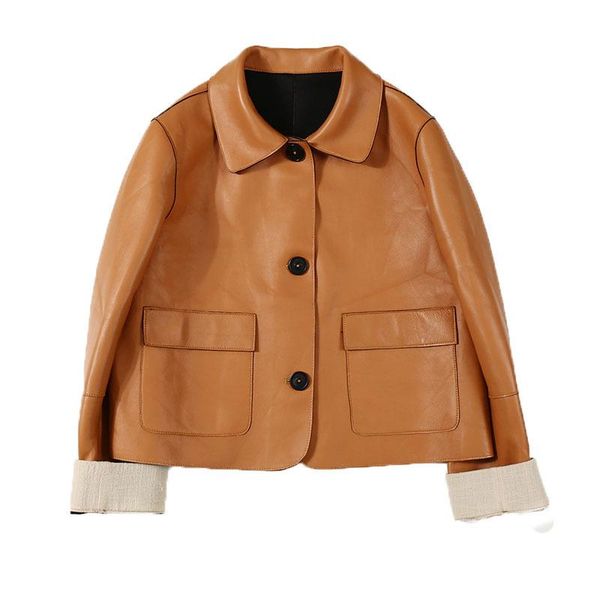 women's leather & faux autumn 2021 stitching commuter dark brown collar long sleeve short sheepskin jacket, Black
women's leather & faux autumn 2021 stitching commuter dark brown collar long sleeve short sheepskin jacket, Black