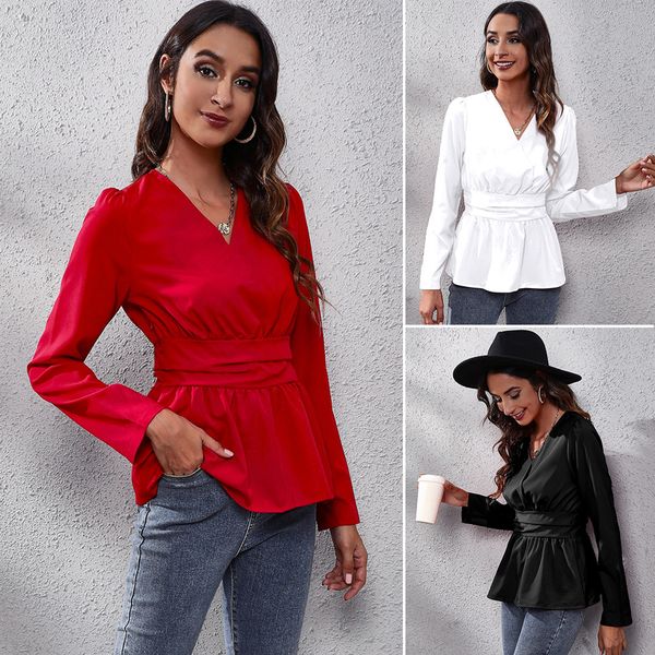 women's t-shirt new solid color lantern long sleeve waist closing v-neck printed chiffon shirt, White
women's t-shirt new solid color lantern long sleeve waist closing v-neck printed chiffon shirt, White