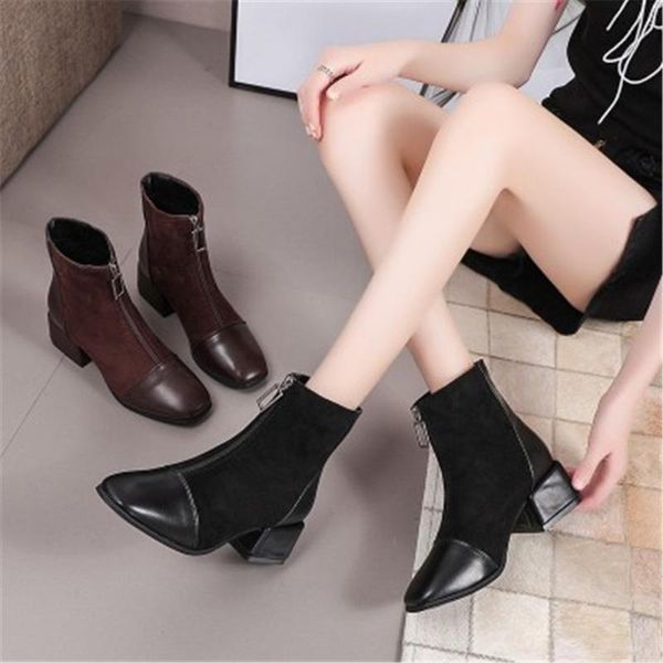 boots short for women 2021 autumn winter warm fashion shoes square toe ankle retro front zipper thick heels, Black 
boots short for women 2021 autumn winter warm fashion shoes square toe ankle retro front zipper thick heels, Black
