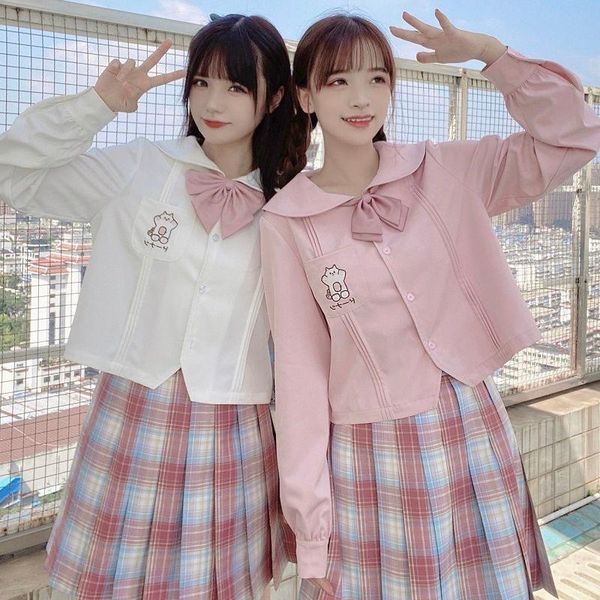 women's blouses & shirts sweet lolita style women japanese preppy cat doughnut jk uniform embroidery girls cute pocket blusas mujer, White
women's blouses & shirts sweet lolita style women japanese preppy cat doughnut jk uniform embroidery girls cute pocket blusas mujer, White