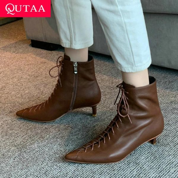boots qutaa 2021 autumn winter ankle lace up pointed toe zipper short cow leather thin heel fashion women shoes size 34-39, Black
boots qutaa 2021 autumn winter ankle lace up pointed toe zipper short cow leather thin heel fashion women shoes size 34-39, Black