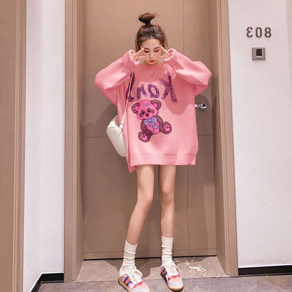 spring and autumn medium long sweater female cartoon bear wind loose large thickened top, White;black
spring and autumn medium long sweater female cartoon bear wind loose large thickened top, White;black