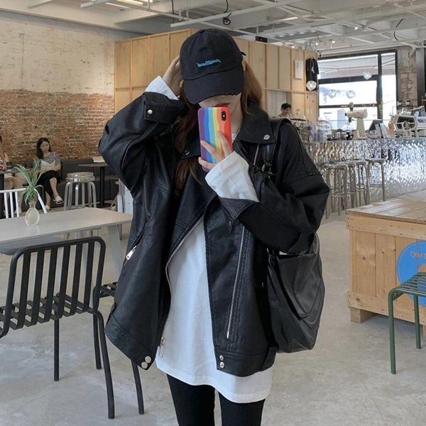 women's leather & faux autumn korean version 2021 loose bf wind locomotive jacket coat long sleeve pu clothes fashion cool, Black
women's leather & faux autumn korean version 2021 loose bf wind locomotive jacket coat long sleeve pu clothes fashion cool, Black
