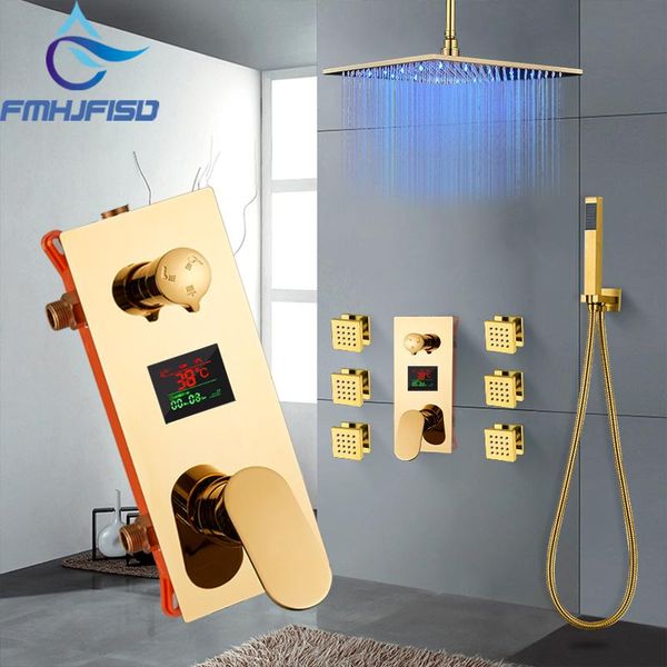 gold bath shower faucet digital display sets embedded box triple valve body spa massage jets nozzle led head bathroom
gold bath shower faucet digital display sets embedded box triple valve body spa massage jets nozzle led head bathroom