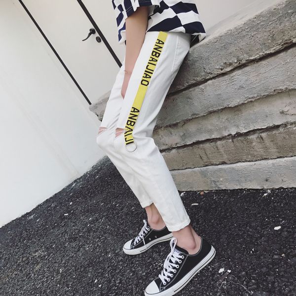 men's jeans wholesale fashion ribbon letter summer white black thin knee hole ny jeans men trousers hong kong cowboy pencil pants, Blue
men's jeans wholesale fashion ribbon letter summer white black thin knee hole ny jeans men trousers hong kong cowboy pencil pants, Blue