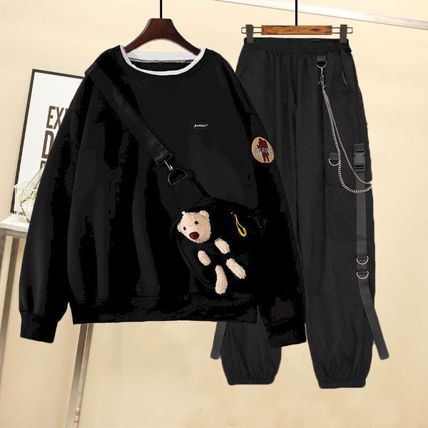 autumn new male and female students with the same suit korean version of the loose cartoon sweatshirt + overalls two-piece suit, Black
autumn new male and female students with the same suit korean version of the loose cartoon sweatshirt + overalls two-piece suit, Black