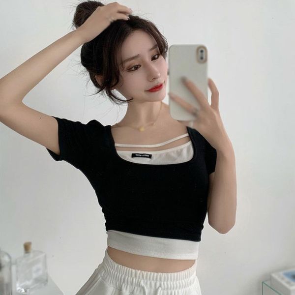 women's t-shirt summer fashion patchwork square neck slim exposed navel knitted short sleeve, White
women's t-shirt summer fashion patchwork square neck slim exposed navel knitted short sleeve, White