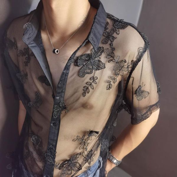 men's casual shirts black butterfly lace shirt embroidery see through men social club luxe transparent summer short sleeve, White;black
men's casual shirts black butterfly lace shirt embroidery see through men social club luxe transparent summer short sleeve, White;black