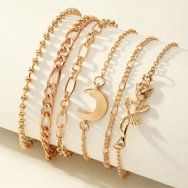 link, chain trendy gold color bracelets for women boho jewelry geometric rose moon multilayer hand charm 6pcs/set party gift, Black
link, chain trendy gold color bracelets for women boho jewelry geometric rose moon multilayer hand charm 6pcs/set party gift, Black