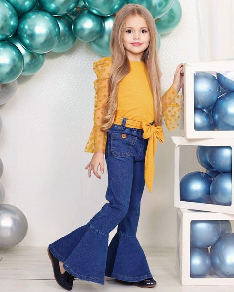 clothing sets girls clothes set dot print long mesh sleeve o-neck solid color flared denim trousers, White
clothing sets girls clothes set dot print long mesh sleeve o-neck solid color flared denim trousers, White
