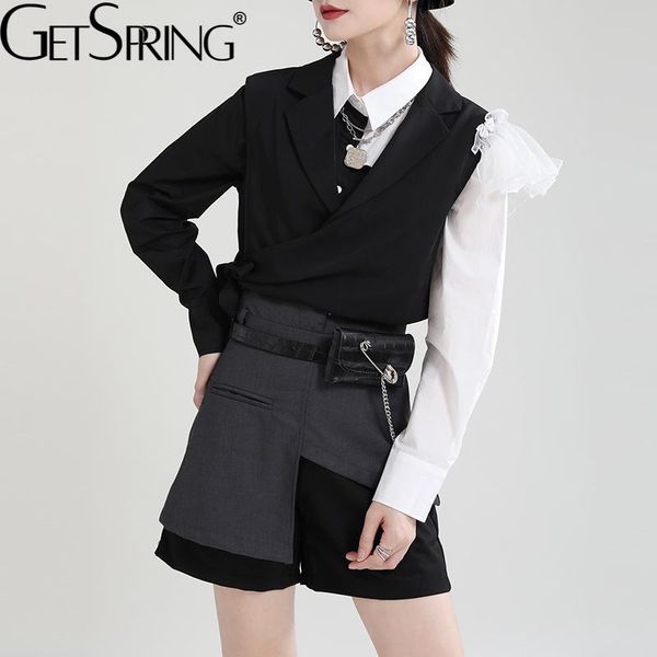 women's suits & blazers getspring women blazer irregular mesh spliced black suit coat lace up asymmetrical fashion short ladies jacket, White;black
women's suits & blazers getspring women blazer irregular mesh spliced black suit coat lace up asymmetrical fashion short ladies jacket, White;black