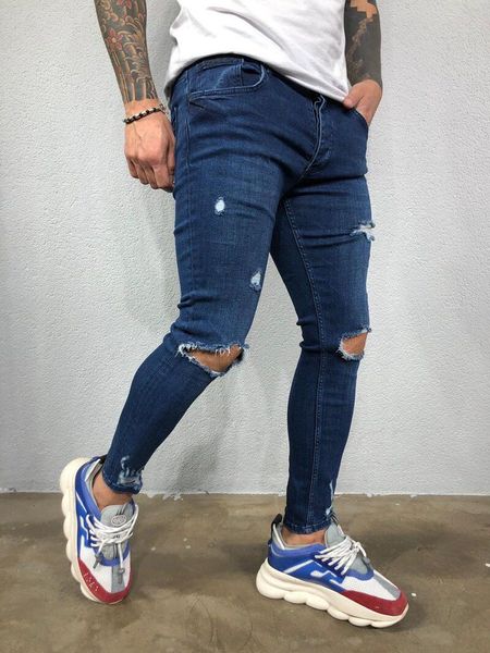 spring men skinny knee hole ripped jeans stretch slim pencil pants denim pants solid color high street style man trousers biker, Blue
spring men skinny knee hole ripped jeans stretch slim pencil pants denim pants solid color high street style man trousers biker, Blue