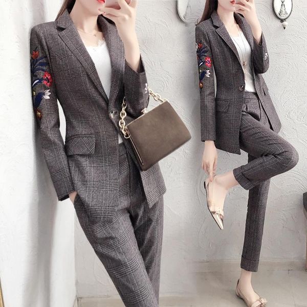 women embroidery casual suit female spring retro slim plaid pants+jacket two-piece office business suits women's two piece pants, White
women embroidery casual suit female spring retro slim plaid pants+jacket two-piece office business suits women's two piece pants, White