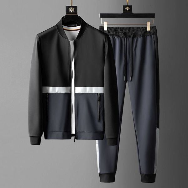 tracksuit shirt stand collar mens sets 2 pieces luxury splicing design casual sport zipper male suits fashion slim fit man sweatshirts, Gray 
tracksuit shirt stand collar mens sets 2 pieces luxury splicing design casual sport zipper male suits fashion slim fit man sweatshirts, Gray