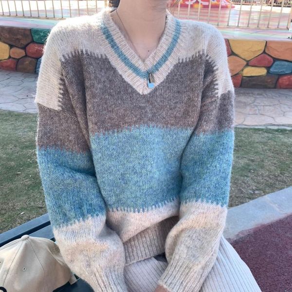 women's sweaters 2021 winter women sweater pullover knit jumpers loose striped pull korean style knitwear casual cashmere, White;black
women's sweaters 2021 winter women sweater pullover knit jumpers loose striped pull korean style knitwear casual cashmere, White;black