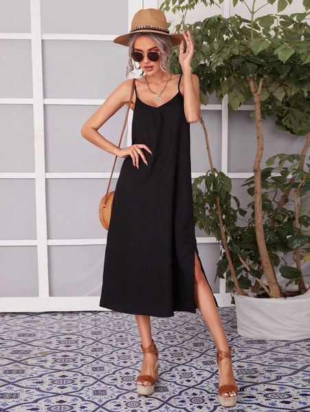 solid split hem cami dress v00g#, Black;gray