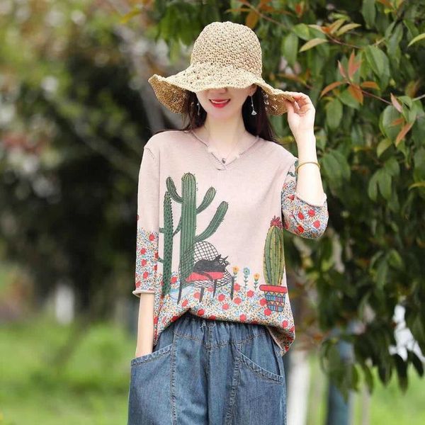 ethnic clothing hem half open v-neck cotton knitted t-shirt women's autumn loose size cactus cartoon kitten print top, Red
ethnic clothing hem half open v-neck cotton knitted t-shirt women's autumn loose size cactus cartoon kitten print top, Red