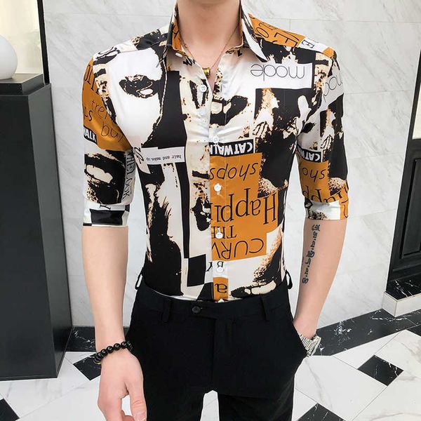 fashion print men shirt european style half sleeve casual dress shirts slim streetwear social shirt brand tuxedo male clothing 210527, White;black 
fashion print men shirt european style half sleeve casual dress shirts slim streetwear social shirt brand tuxedo male clothing 210527, White;black