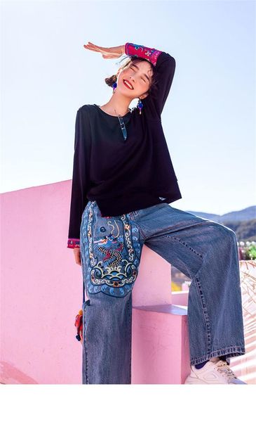 women's jeans summer high waist, loose, thin, high, ethnic style embroidery wide-leg denim trousers, wild trend, Blue
women's jeans summer high waist, loose, thin, high, ethnic style embroidery wide-leg denim trousers, wild trend, Blue