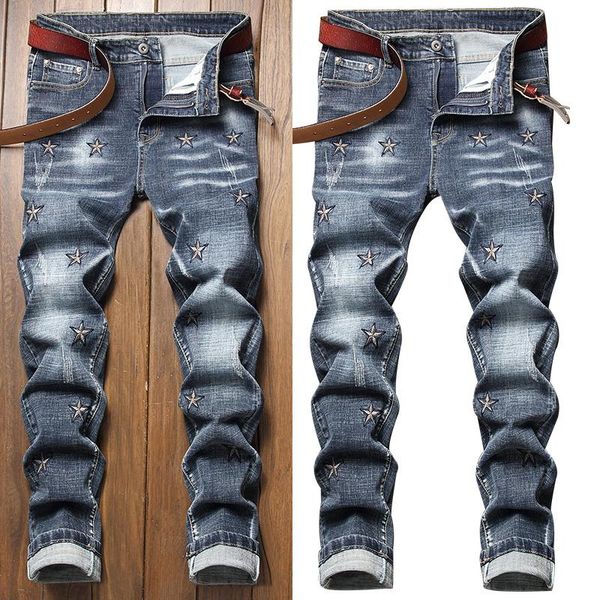 men's jeans european and american slim embroidery retro stretch casual patch ripped trousers trend, Blue
men's jeans european and american slim embroidery retro stretch casual patch ripped trousers trend, Blue