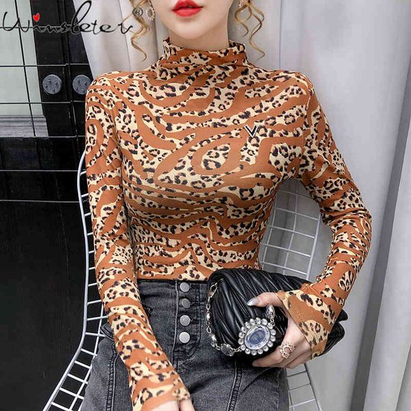 women's t-shirt spring fall european clothes women fashion mock neck print leopard shiner all match girl tees 2021 t0n40, White
women's t-shirt spring fall european clothes women fashion mock neck print leopard shiner all match girl tees 2021 t0n40, White