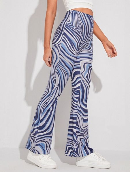 marble print flare leg pants v8t5#, Black;white