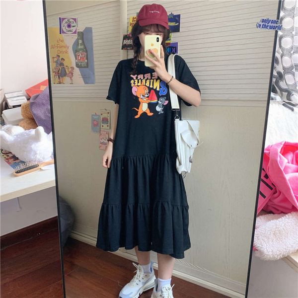 south korea dongdamen summer cute cartoon splicing dress short sleeve medium length t-shirt women's loose, Black;gray
south korea dongdamen summer cute cartoon splicing dress short sleeve medium length t-shirt women's loose, Black;gray