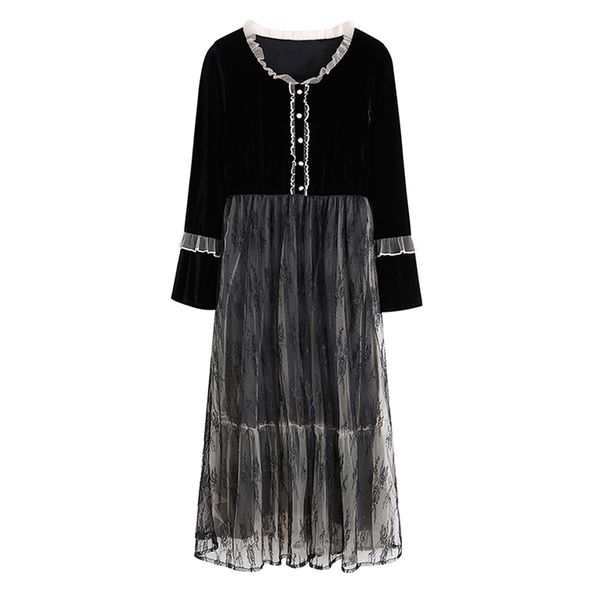 vintage black velvet patchwork mesh dress o neck ruffle button long sleeve midi evening party dresses d2163 210514, Black;gray
vintage black velvet patchwork mesh dress o neck ruffle button long sleeve midi evening party dresses d2163 210514, Black;gray