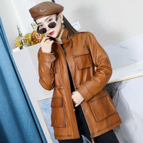 women's leather & faux style safari genuine long jacket women slim stand collar multi-pocket cargo coat vintage casual sheepskin coats, Black
women's leather & faux style safari genuine long jacket women slim stand collar multi-pocket cargo coat vintage casual sheepskin coats, Black