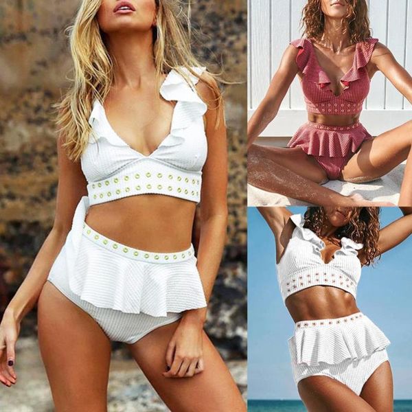 women's swimwear v-neck bikinis ruffled swimsuit high wait bikini 2021 solid color women push up swim wear bathing suit beachwear, White;black
women's swimwear v-neck bikinis ruffled swimsuit high wait bikini 2021 solid color women push up swim wear bathing suit beachwear, White;black