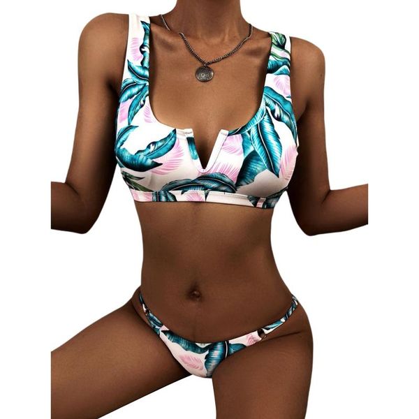 women's swimwear printed 2pcs bikini suit, low neck tank with side ring buckle thong bottoms for beach/swimming, White;black
women's swimwear printed 2pcs bikini suit, low neck tank with side ring buckle thong bottoms for beach/swimming, White;black