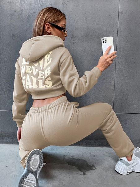 slogan graphic drop shoulder drawstring crop hoodie & sweatpants f0r2#, White
