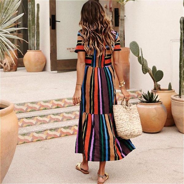 rainbow striped polyester long dresses woman casual short sleeve summer sundress shirred back boho robe beach vesitdos, Black;gray
rainbow striped polyester long dresses woman casual short sleeve summer sundress shirred back boho robe beach vesitdos, Black;gray