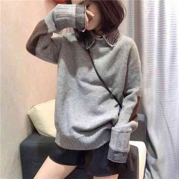 sweater women autumn winter korean casual denim shirt collar fake two-piece loose pullover 210427, White;black
sweater women autumn winter korean casual denim shirt collar fake two-piece loose pullover 210427, White;black