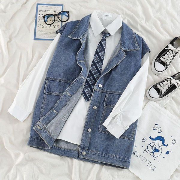 women's tracksuits sets 2021 spring suit women student korean loose long-sleeved shirt + denim vest jacket two-piece trend punk streetw, Gray
women's tracksuits sets 2021 spring suit women student korean loose long-sleeved shirt + denim vest jacket two-piece trend punk streetw, Gray