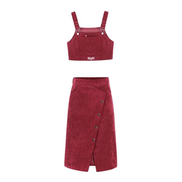 women two pieces set letter embroidery tank wine red corduroy midi skirt zipper pocket summer high street t0144 210514, White
women two pieces set letter embroidery tank wine red corduroy midi skirt zipper pocket summer high street t0144 210514, White