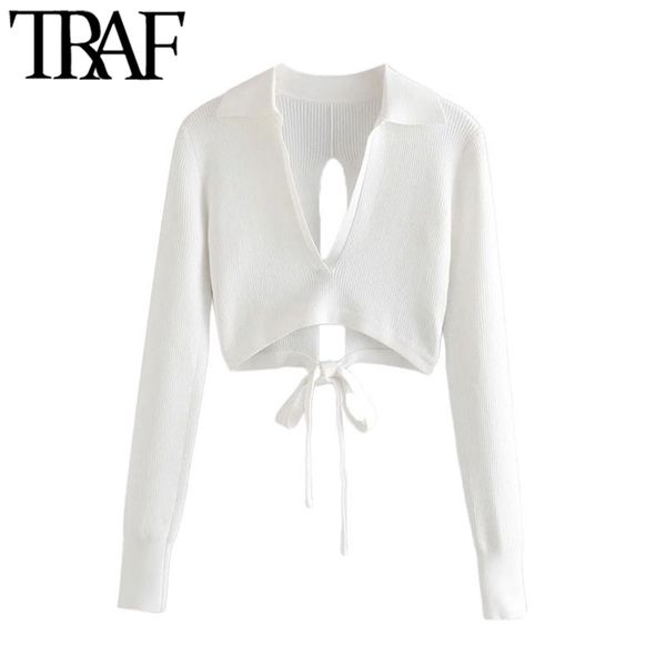traf women fashion deep v neck cropped knit sweater vintage backless with bow tied female pullovers chic 211011, White;black
traf women fashion deep v neck cropped knit sweater vintage backless with bow tied female pullovers chic 211011, White;black