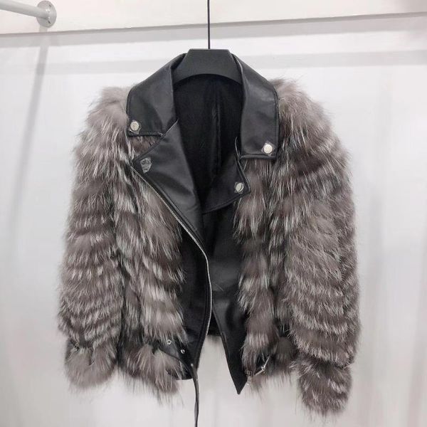women's fur & faux rf20109 silver jacket with genuine leather belt real motorcycle coat striped, Black
women's fur & faux rf20109 silver jacket with genuine leather belt real motorcycle coat striped, Black