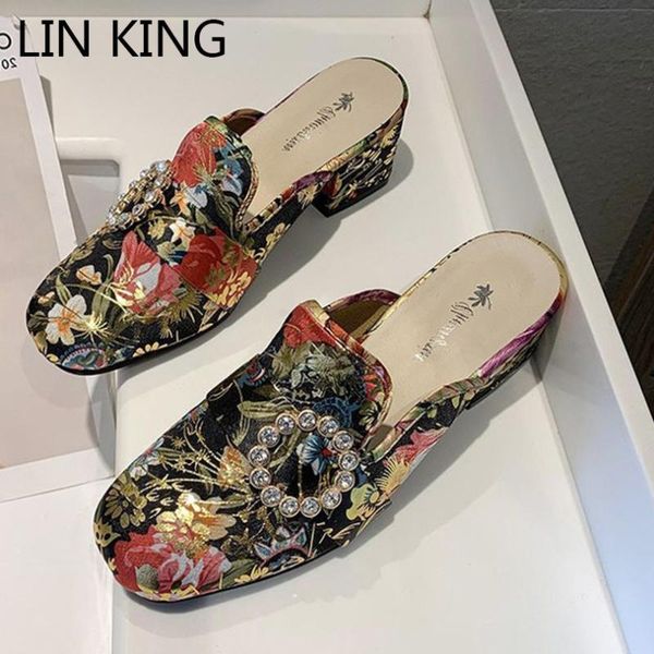 retro square heel women slippers flower embroider summer shoes fashion thick sole slides comfortable girls, Black